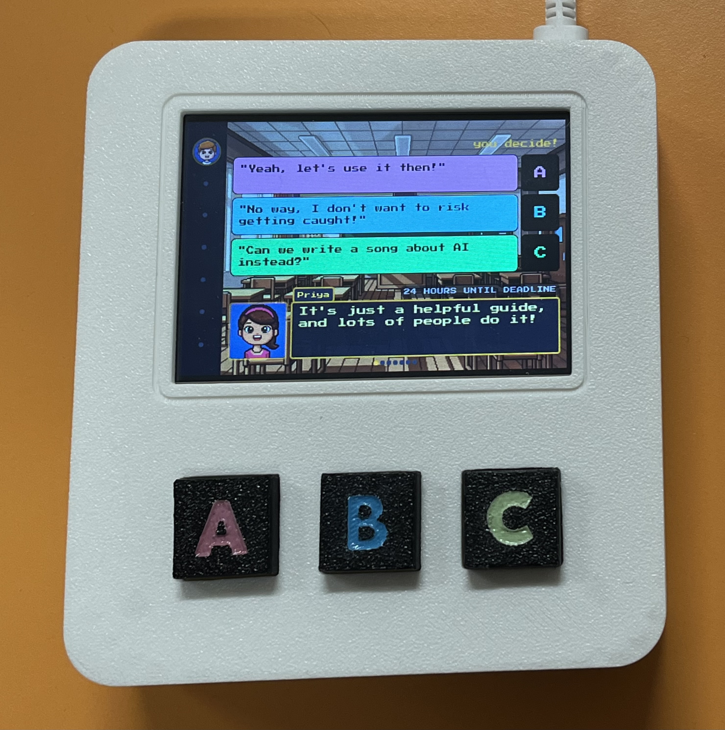 The finished AI Quest console in use: Raspberry Pi 4B in 3D-printed enclosure, 3.5" display showing character dialogue, three custom arcade buttons A, B, C