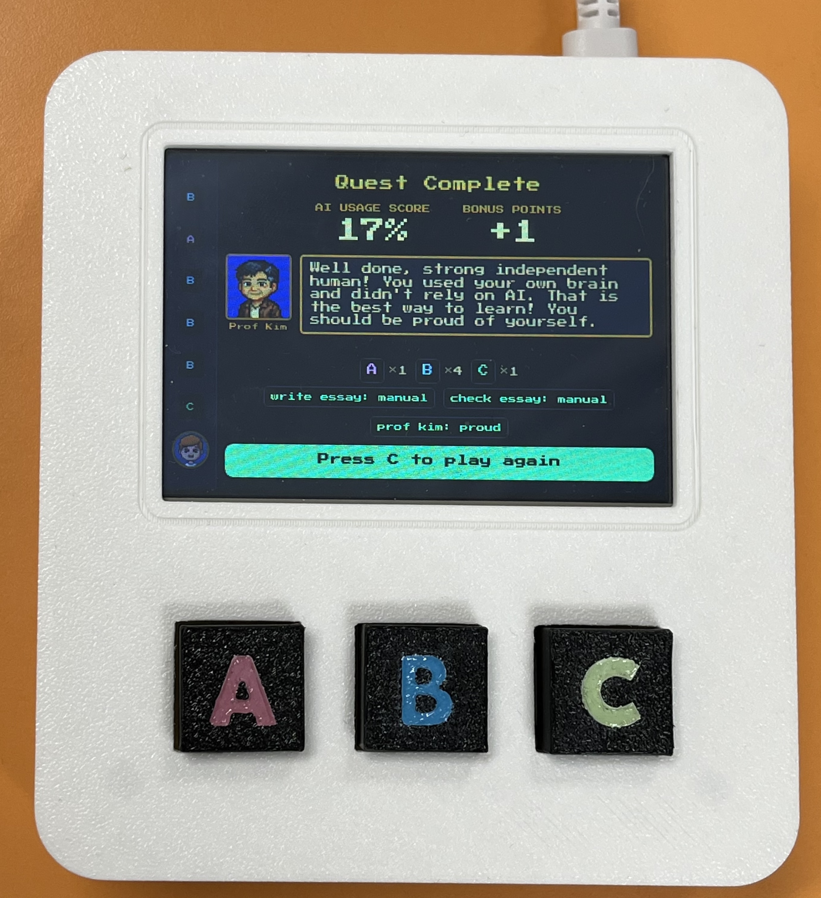 The AI Quest summary screen showing Quest Complete, AI Usage Score 17%, +1 Bonus Points, with Professor Kim's personalised feedback message and choice tally