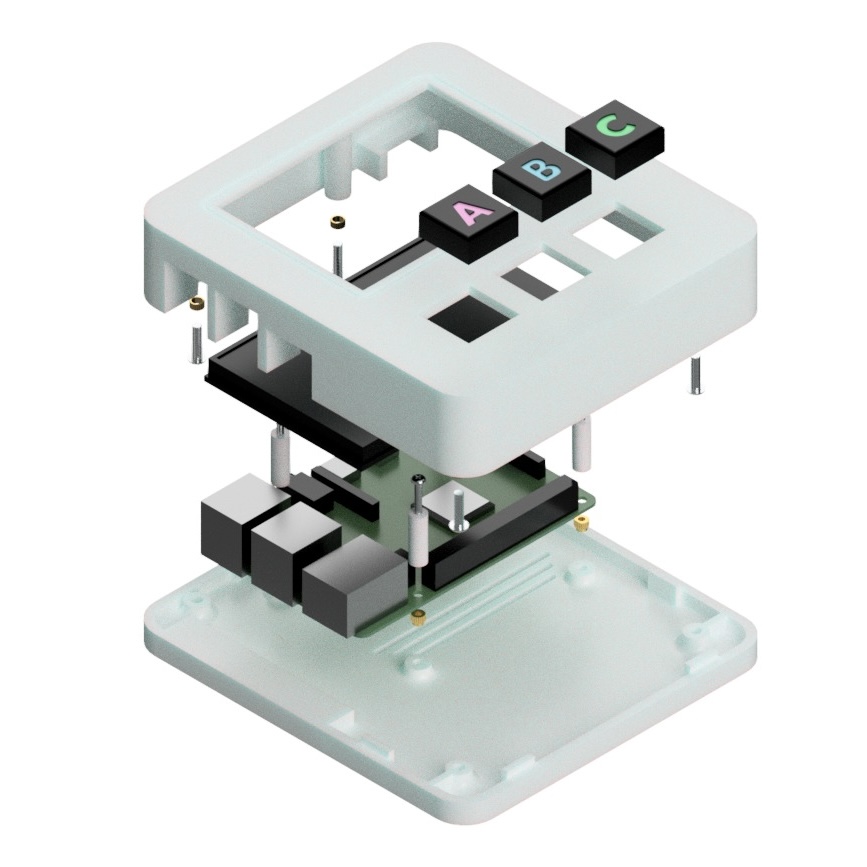 3D CAD exploded view of the AI Quest enclosure showing Raspberry Pi mounting, display bracket, switch stands, and two-half assembly with threaded inserts