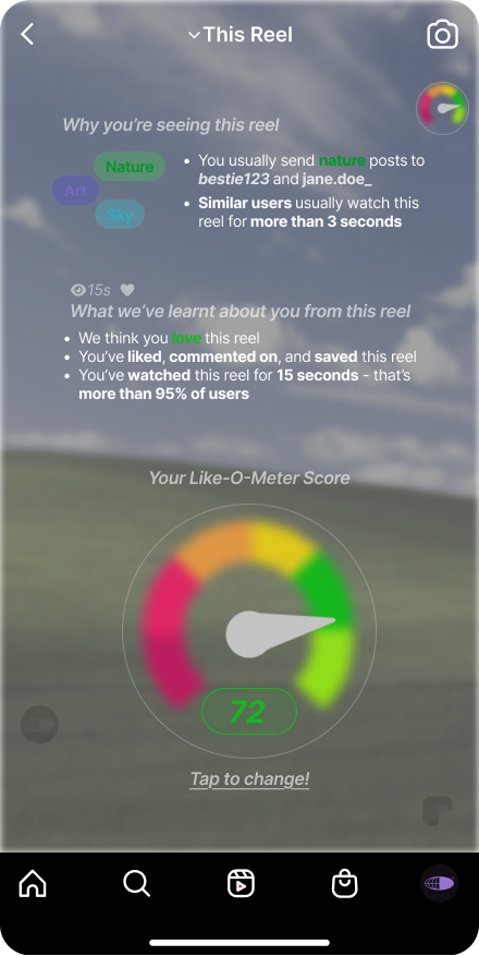 The Like-O-Meter "This Reel" expanded view: why you're seeing this content, what the algorithm has inferred, and the score dial for manual correction